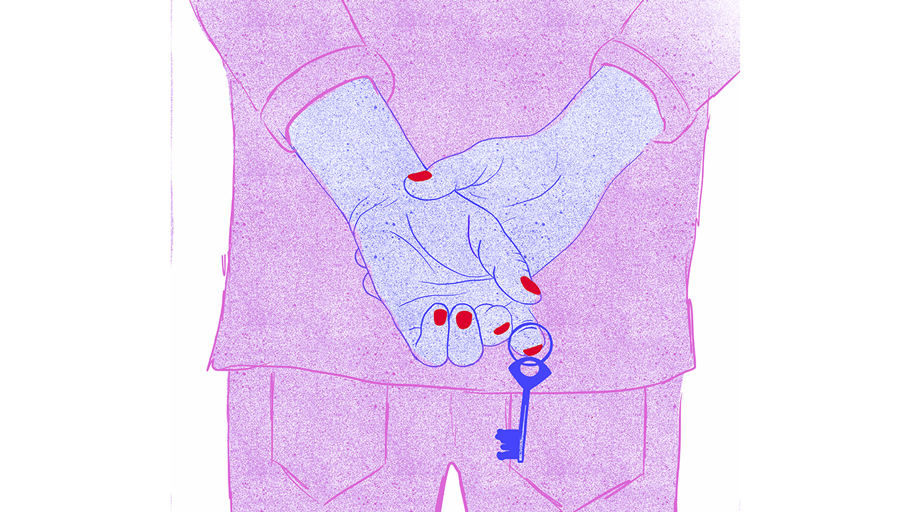 Omslagsbild av metodboken "Oavsett kön?". En skissad bild av en person bakifrån klädd i rosa kläder. Personen har händerna bakom ryggen, röda naglar och en nyckel i händerna. 