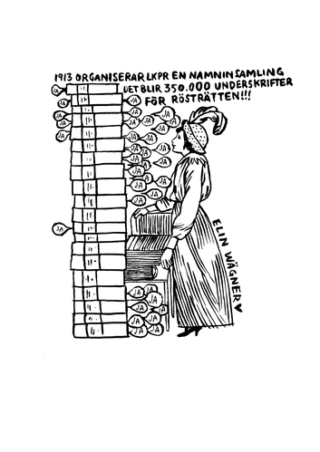 Illustration på Elin Wägner framför en stapel av pärmar med underskifter för kvinnors rösträtt.